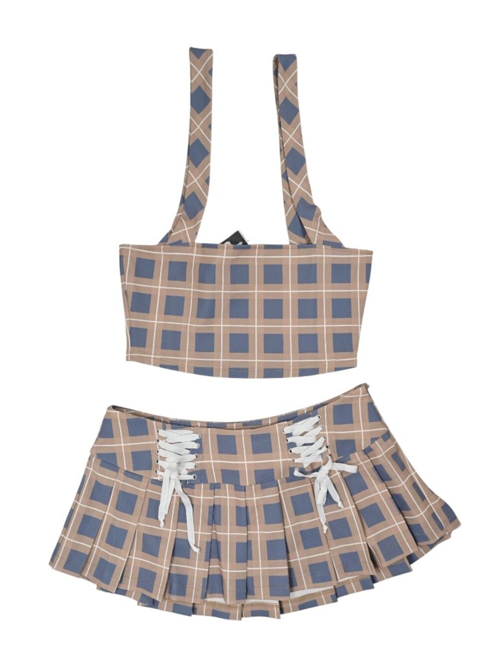 The Kript Lace-Up Front Plaid Micro Mini Skirt Co-Ord in Multi Brown